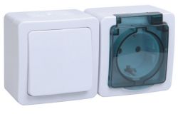 
			Switch + socket with lid IEK, GERMES PLUS, a / z, v / a, horizontal, IP54, white / dia. cover