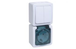 
			Switch double + socket with cover IEK, GERMES PLUS, a / z, v / a, vertical, IP54, white / transparent cover